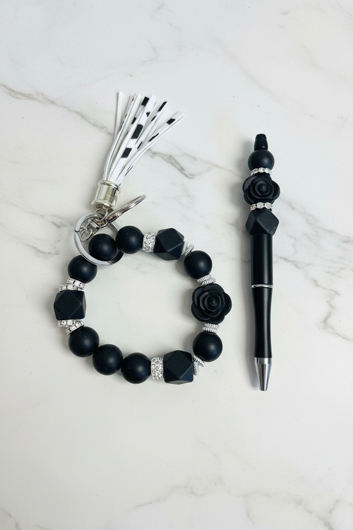 Black Bling Rose Wristlet & Pen Set