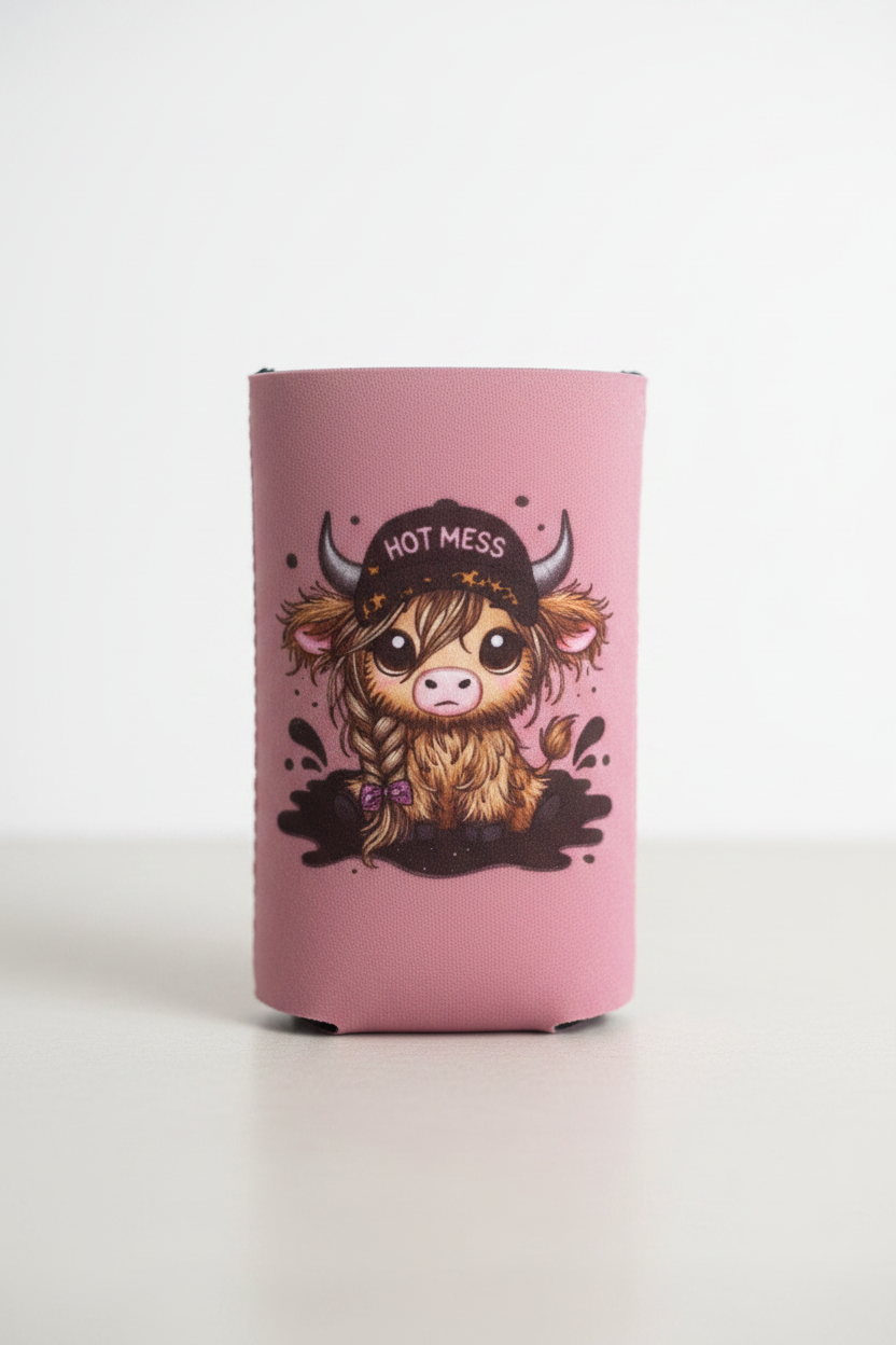Hot Mess Highland Cow Slim Koozie product photo