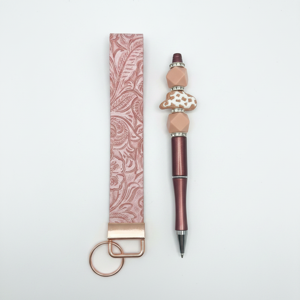 Pink leather keychain and cowboy hat pen set product photo