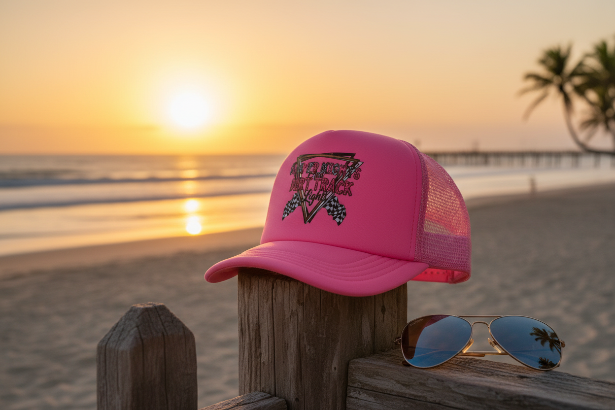 Summer Nights Trucker Hat in sunset setting